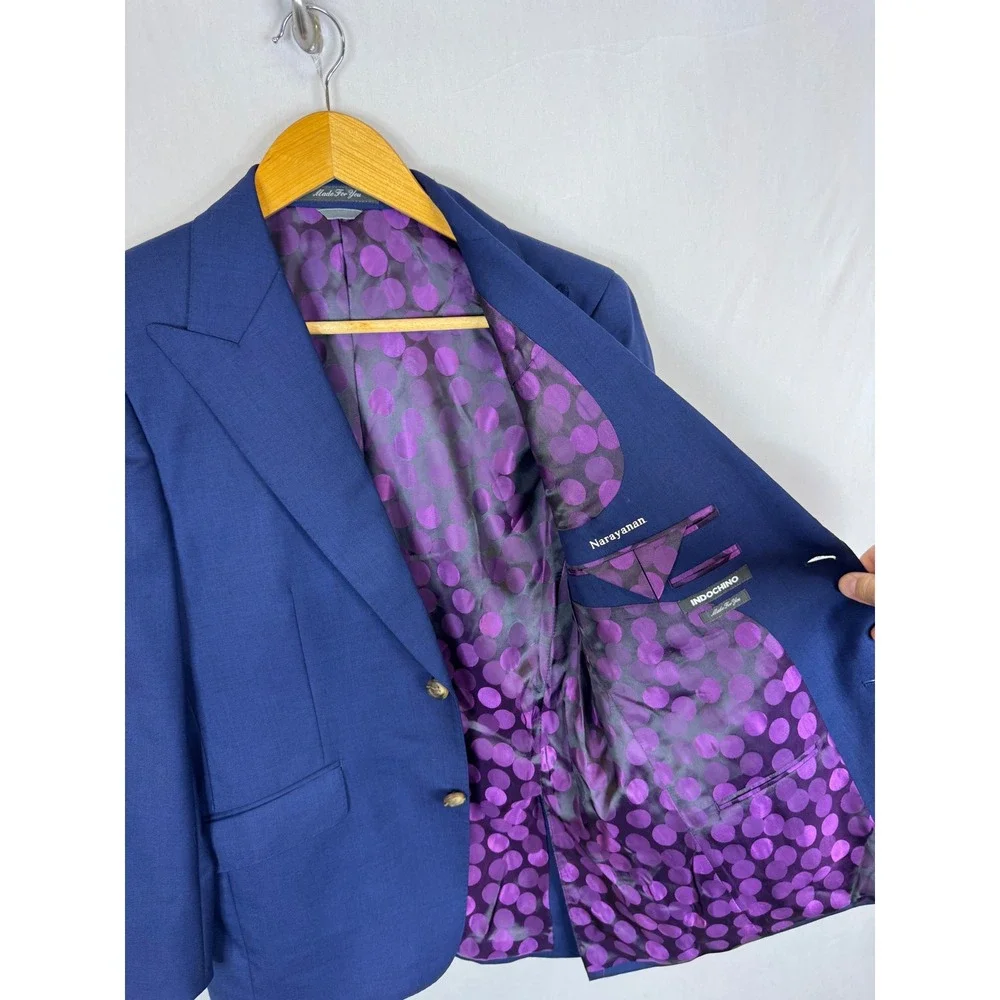 Indochino Mens 38S Short  100% Wool Blue Peak Lapel Blazer Purple Jacket